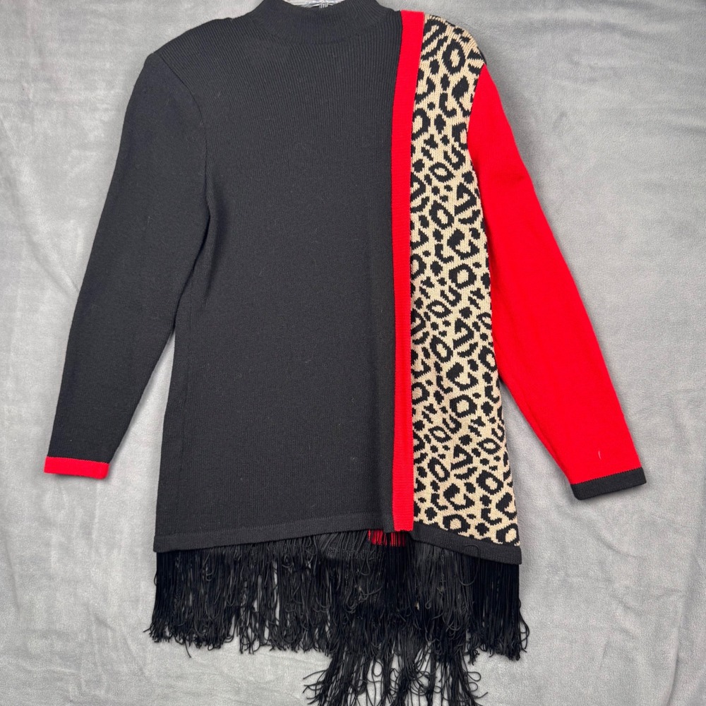 Lillie Rubin Vintage Leopard Colorblock Fringe Knit Tunic Dress Red Black Sz 14 - Picture 5 of 8